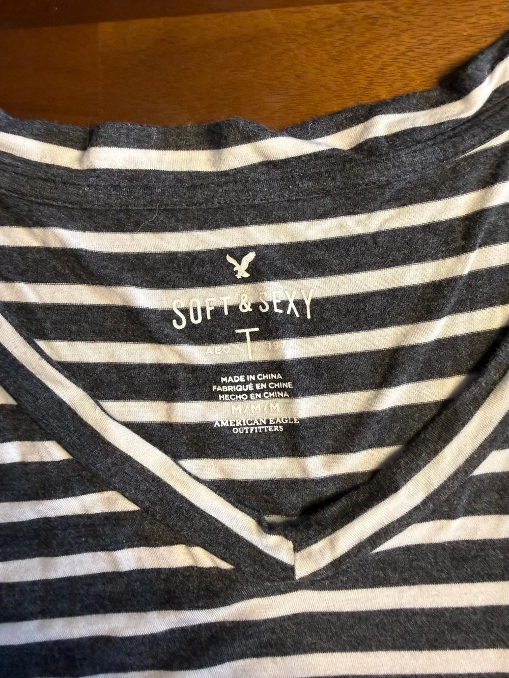 American Eagle Outfitters Gray & White Striped V-Neck Tee soft and sexy
